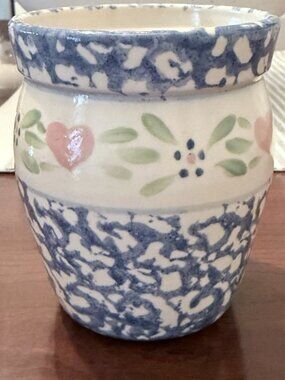 East Texas Pottery Hand Painted Small Crock Jar Vase 4.5 Inch Heart Blue Sponged